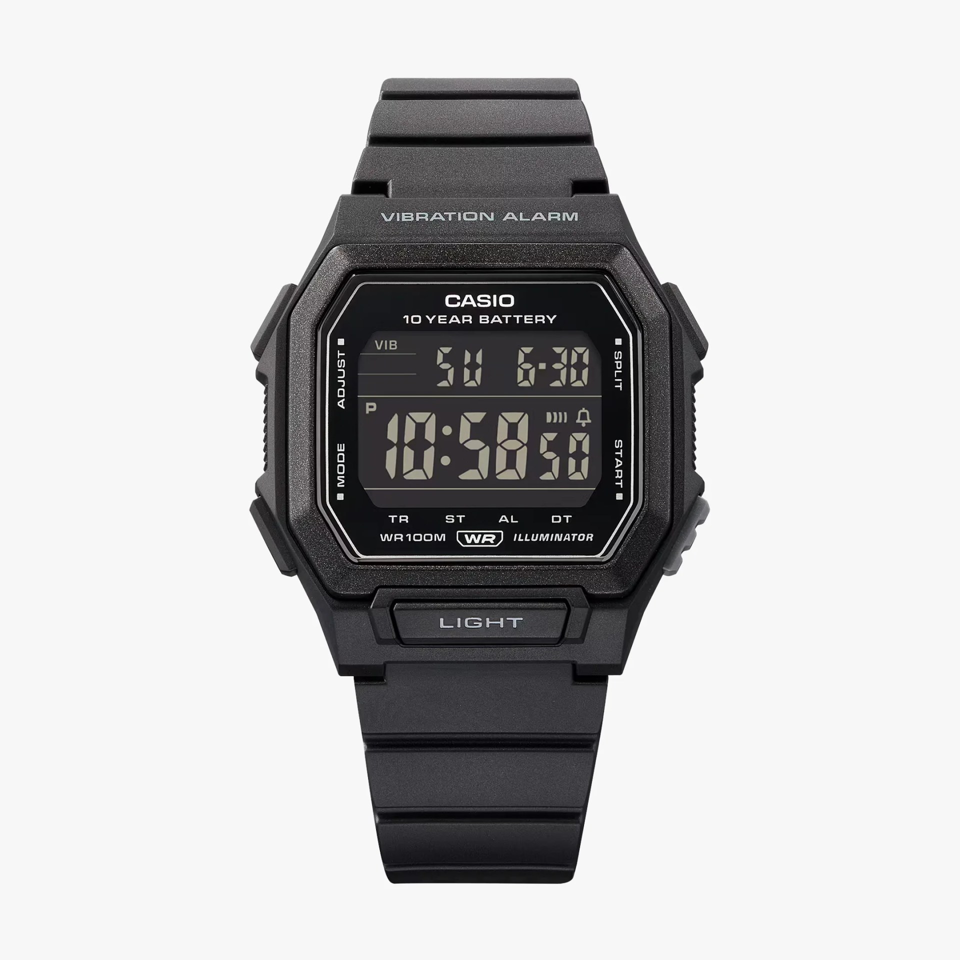 Black Casio digital wristwatch with vibration alarm and 10-year battery on a white background.