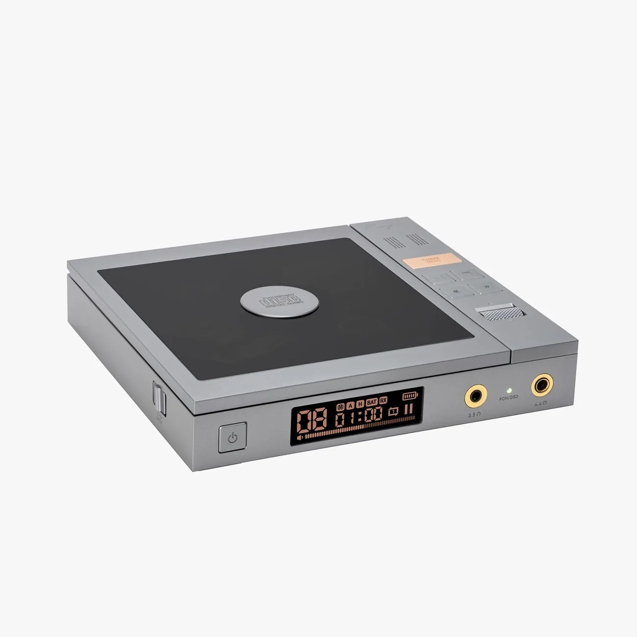 Silver portable CD player with black top panel, digital display, control buttons, and headphone jacks.