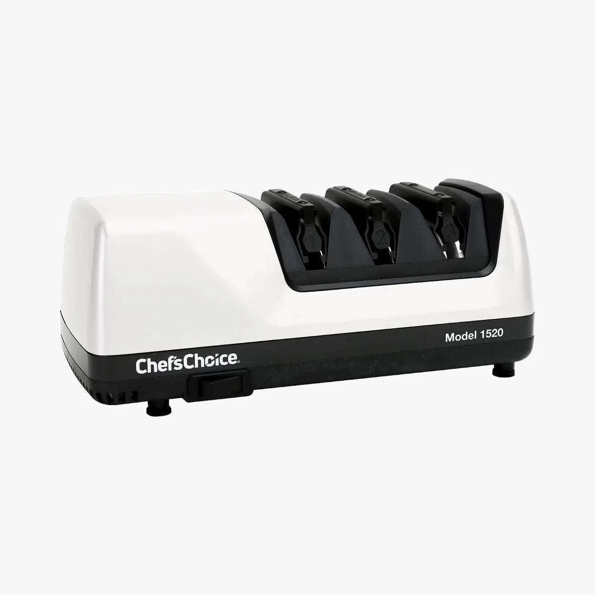 White and black Chef'sChoice Model 1520 electric knife sharpener with three sharpening slots.