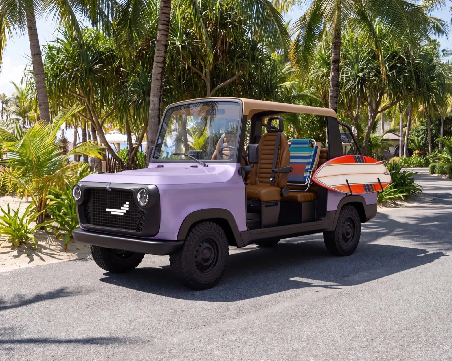 Lavender open-sided electric vehicle with tan roof and seats, carrying a striped beach chair and orange surfboard, parked by palm trees.