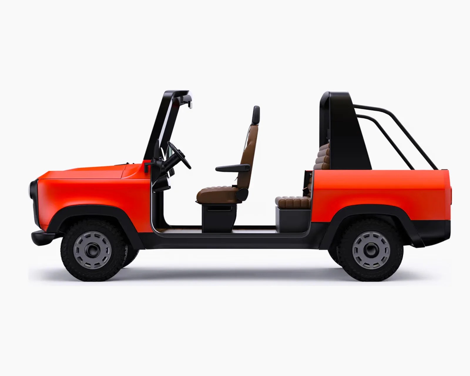 Side view of a small, open-frame orange utility vehicle with brown seats and black roll bars.