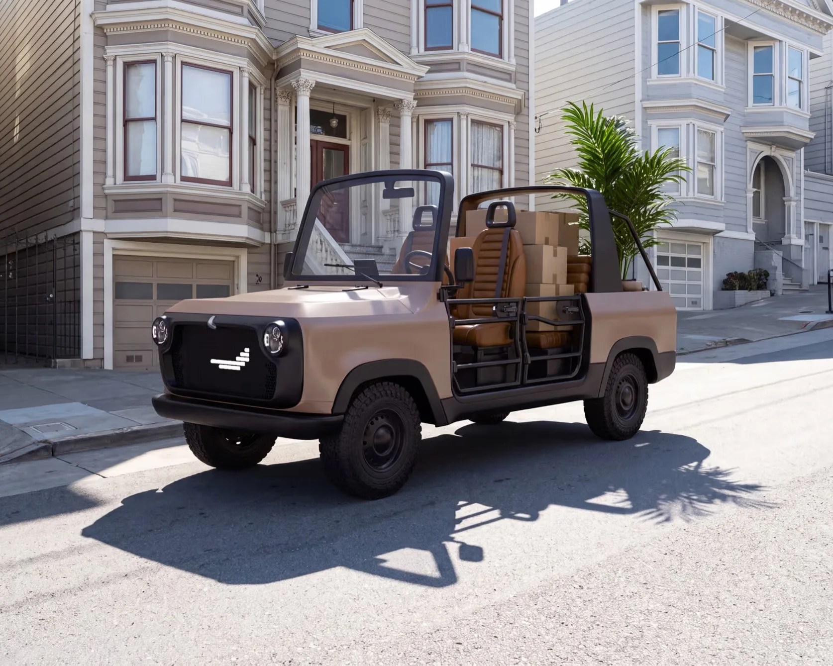 Beige open-door compact utility vehicle with brown seats and cardboard boxes in the back, parked on a residential street.