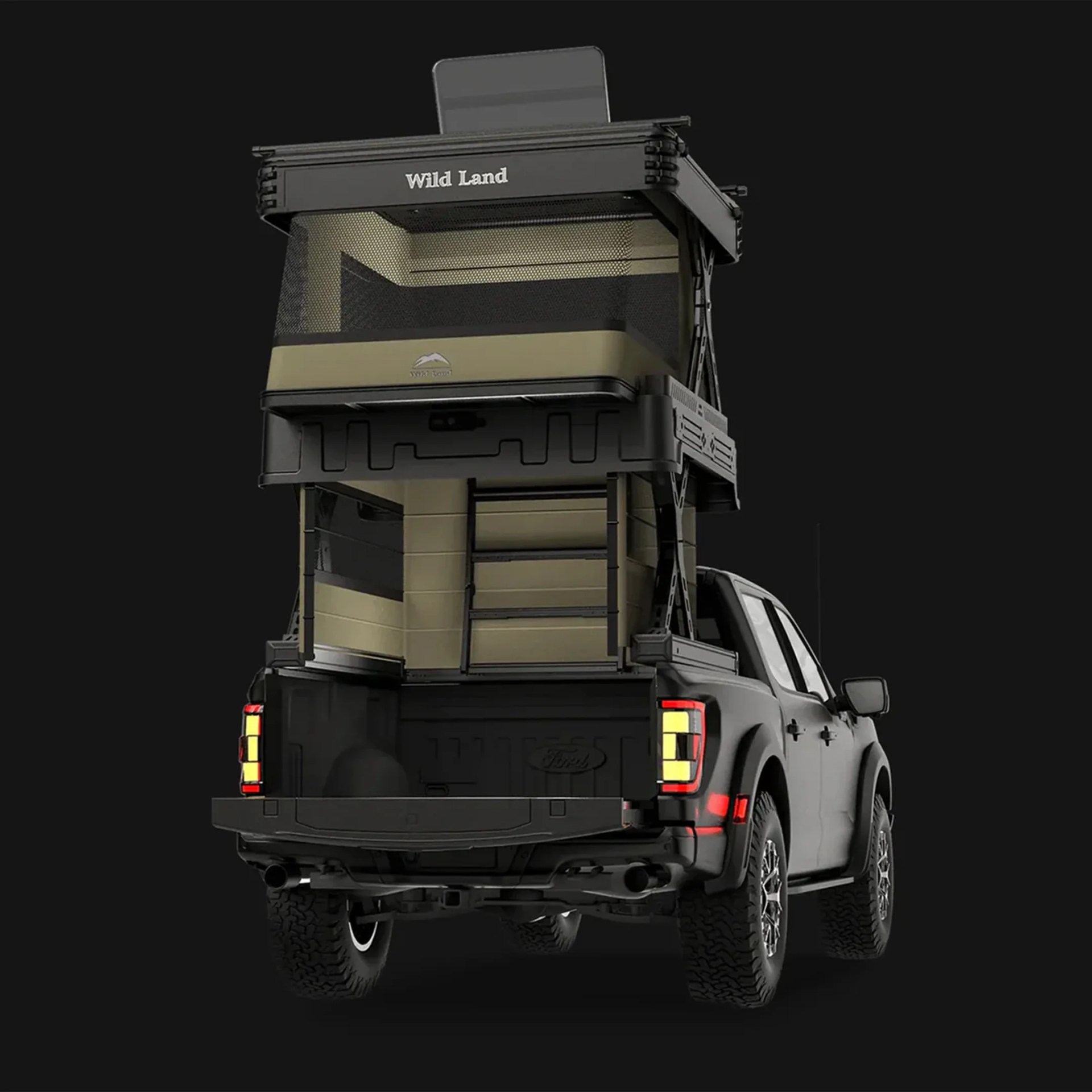 Black pickup truck with a beige and black rooftop tent labeled "Wild Land" mounted on the bed.