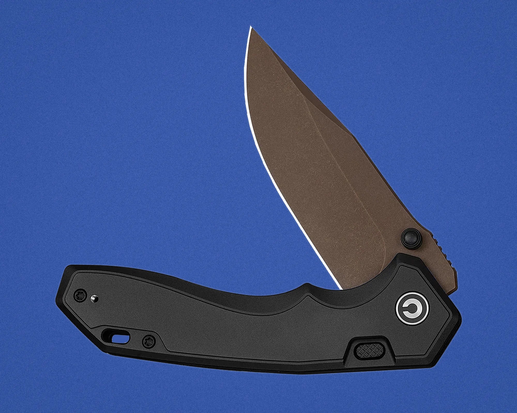Folding knife with a brown blade and black handle featuring a circular logo on a blue background.