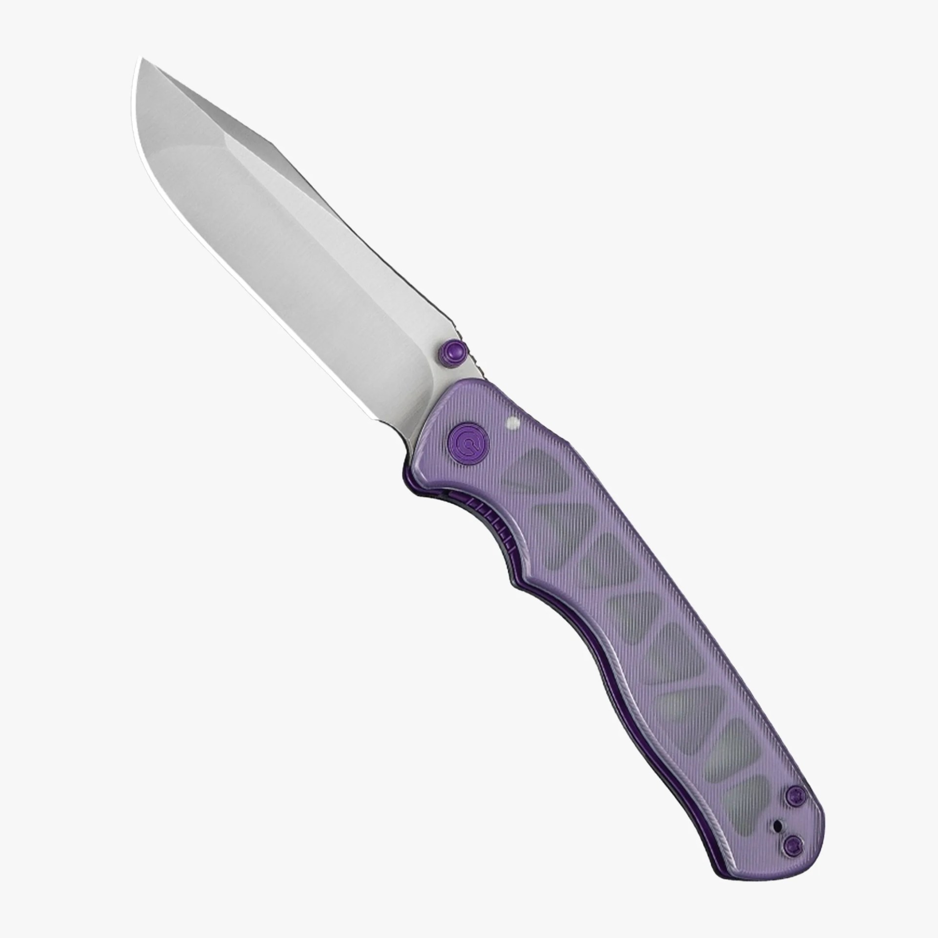 Folding knife with a silver blade and a translucent purple handle featuring textured grip and purple screws.