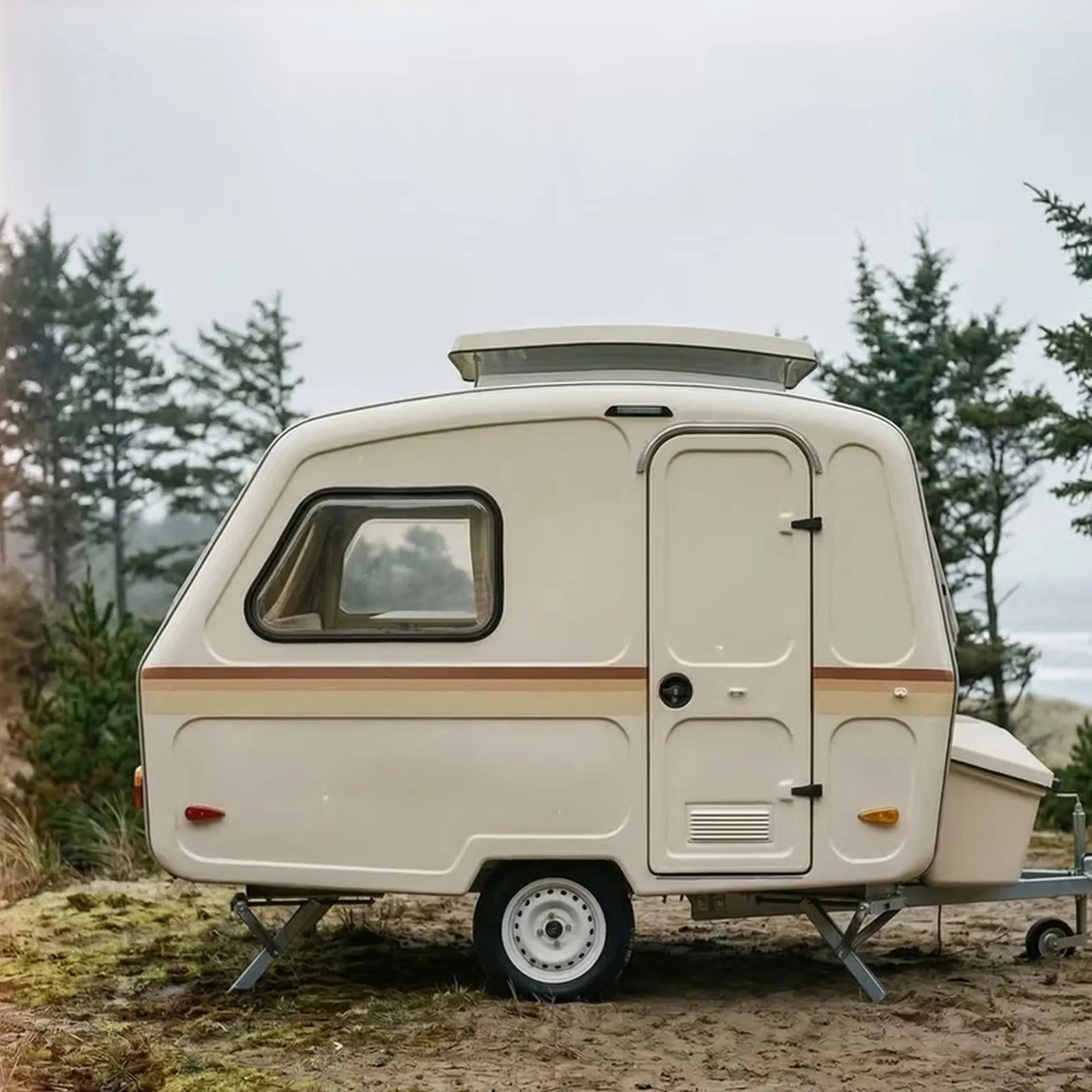 Cream-colored compact camper trailer with a side door and window, parked on sandy ground with trees in the background.