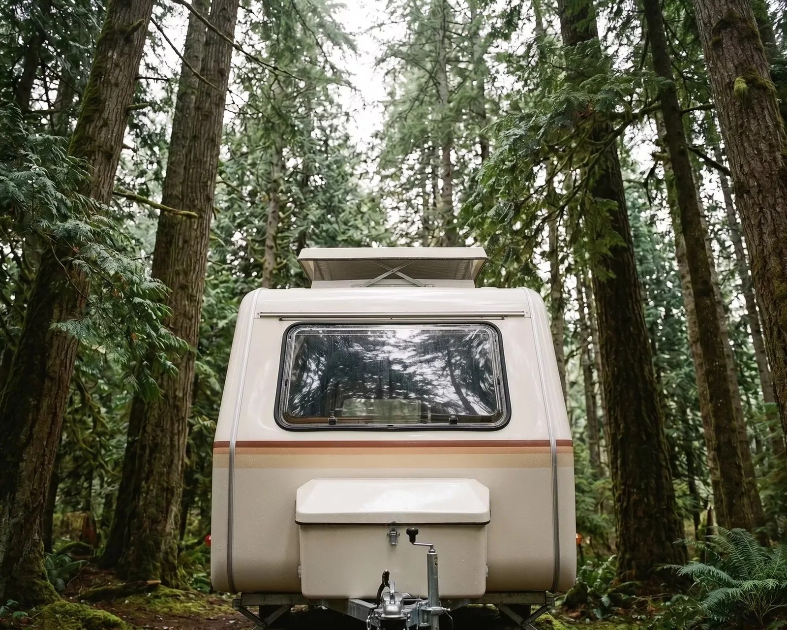 Cream-colored camper trailer with a window and roof vent, parked in a dense green forest.
