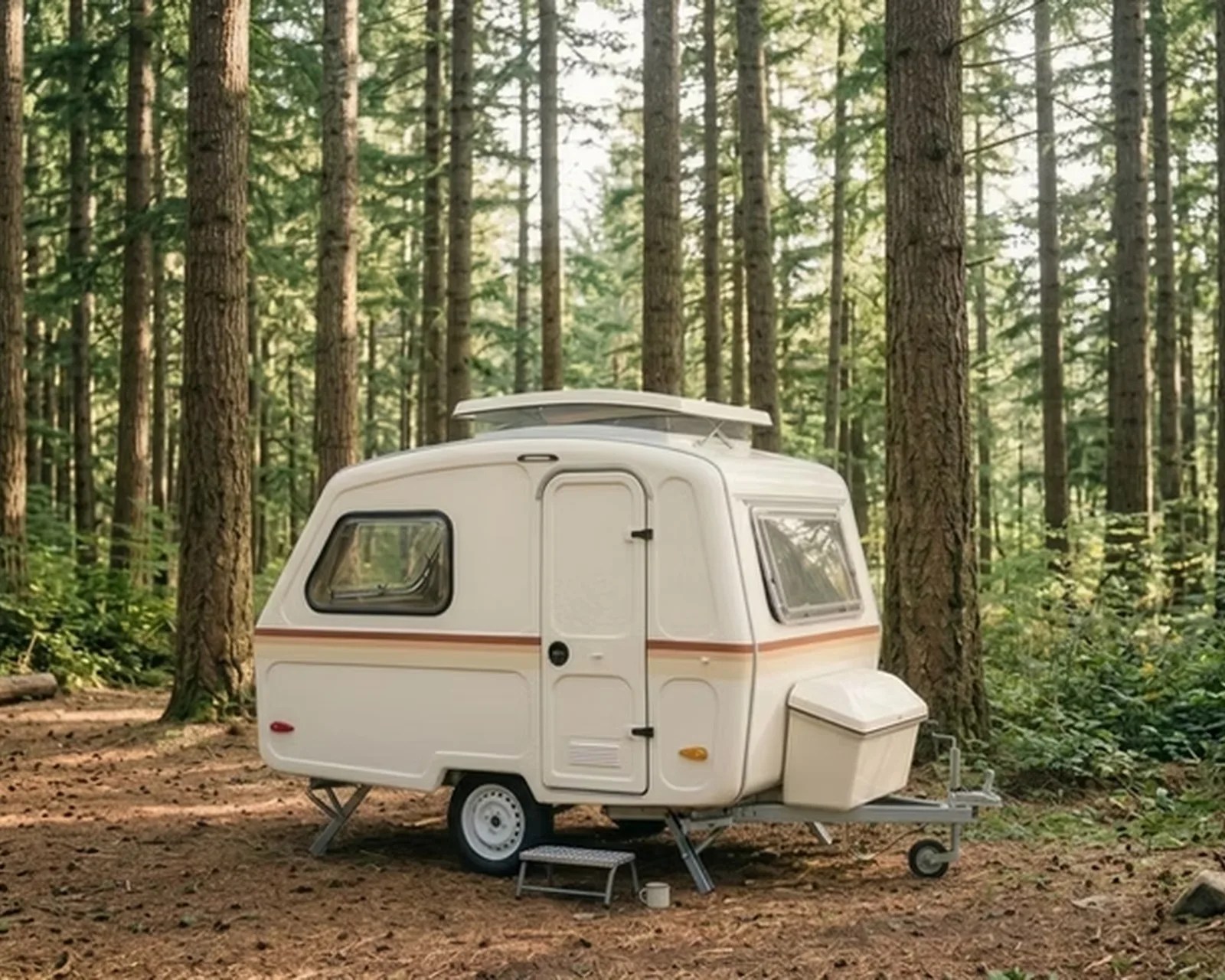 Compact white camper trailer with orange stripe parked in a forest clearing.