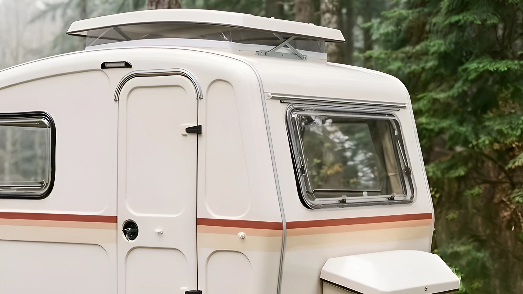 White camper trailer with a pop-up roof vent and horizontal red and beige stripes parked near green trees.
