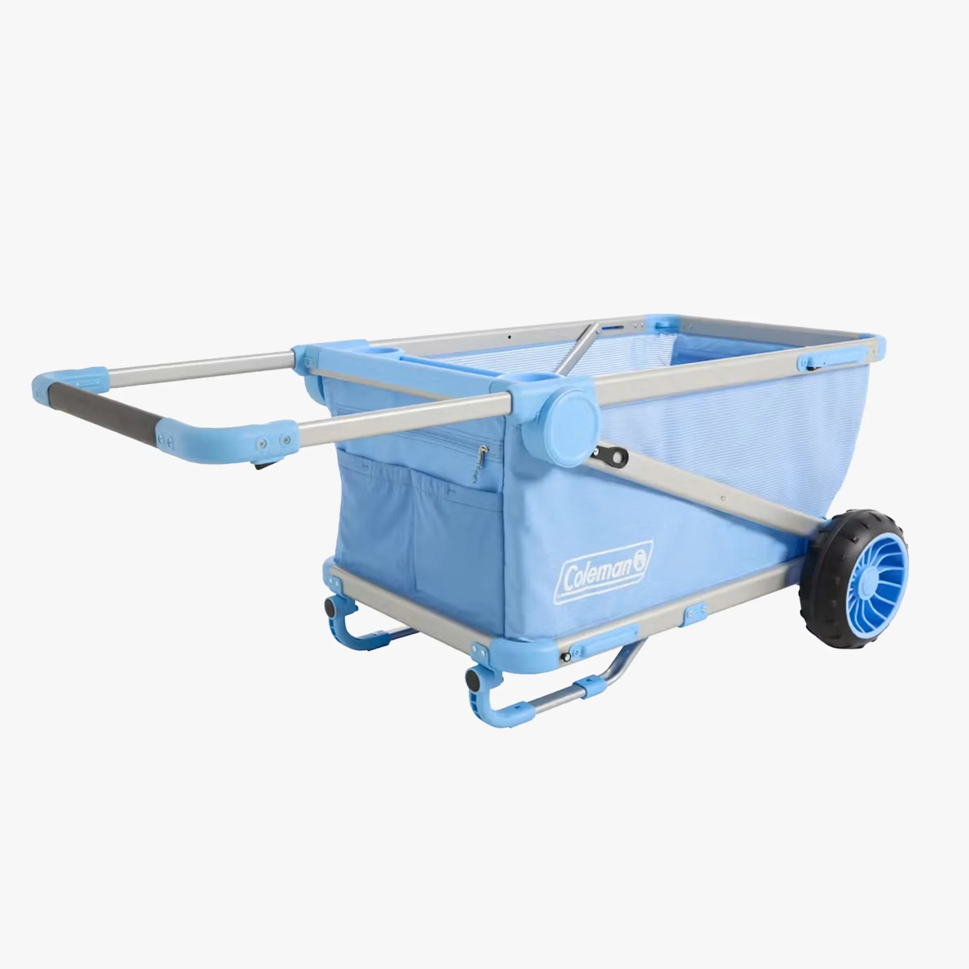 Blue Coleman collapsible wagon with aluminum frame and black and blue wheels.