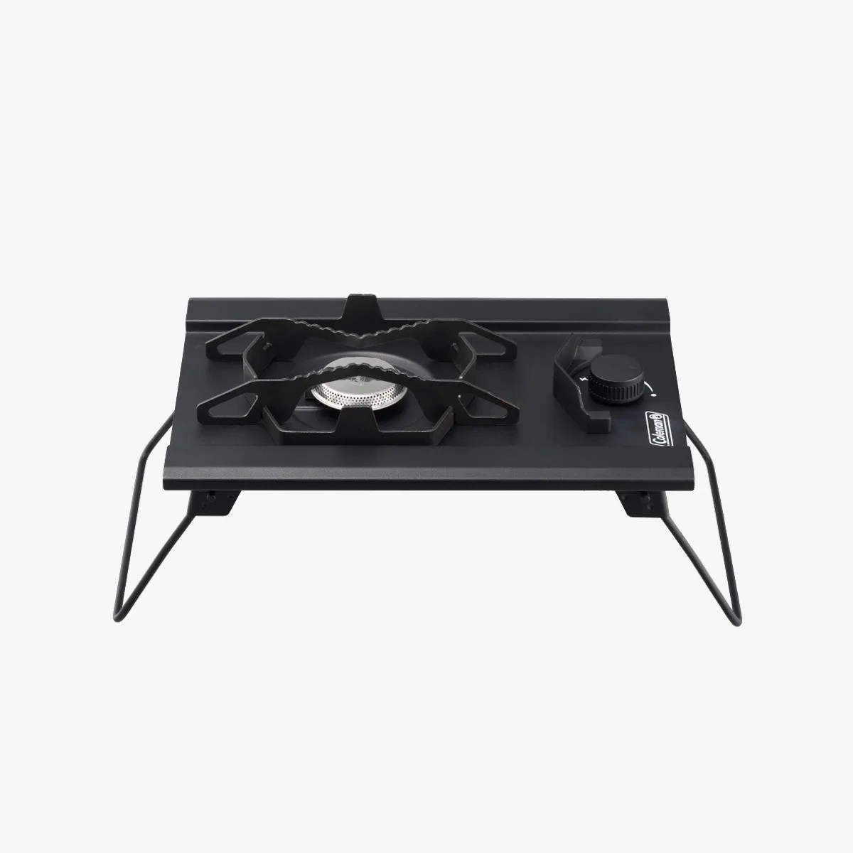Black single-burner Coleman portable camping stove with foldable legs and control knob.