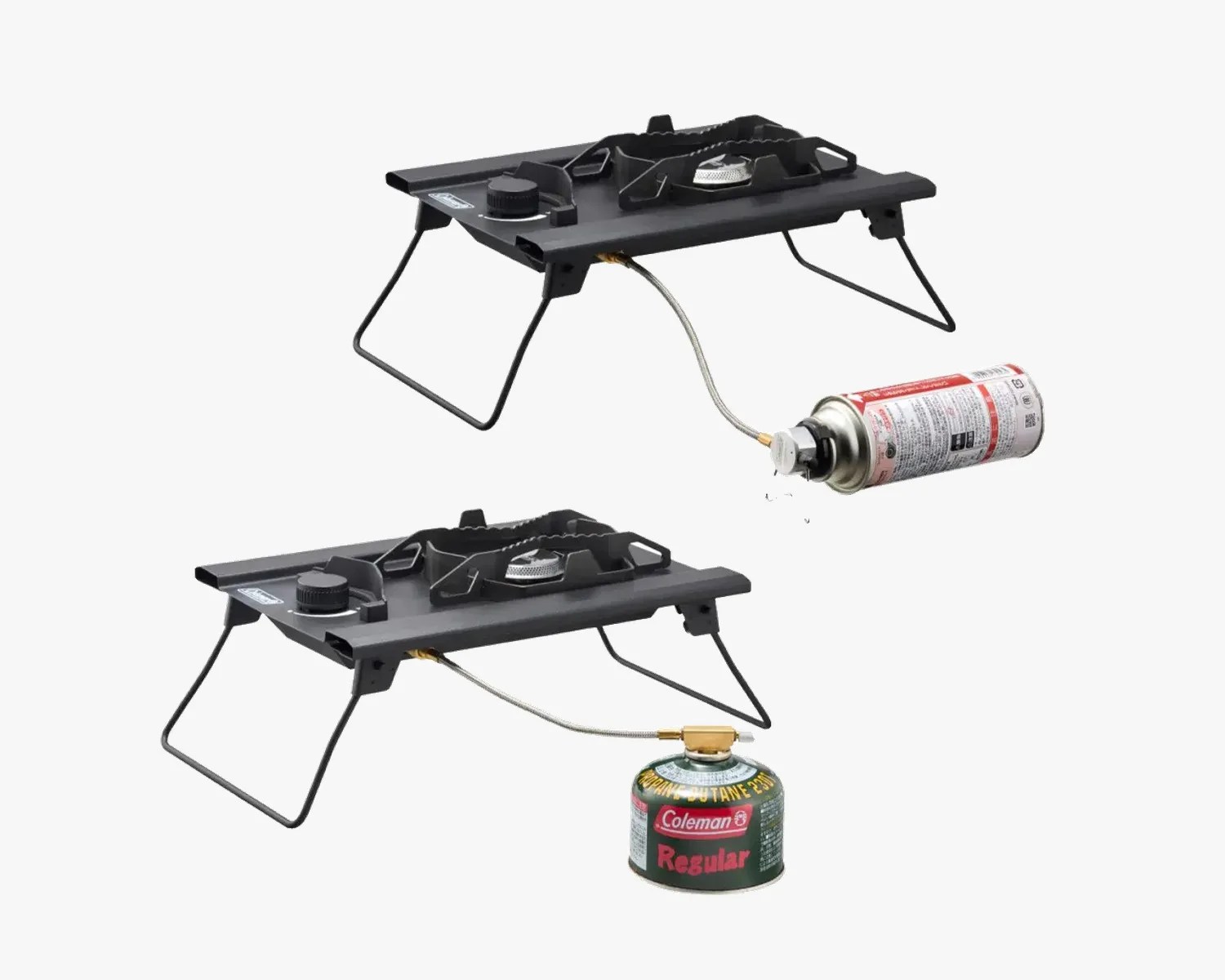 Two black portable camping stoves with foldable legs, each connected to a separate fuel canister via a metal hose.