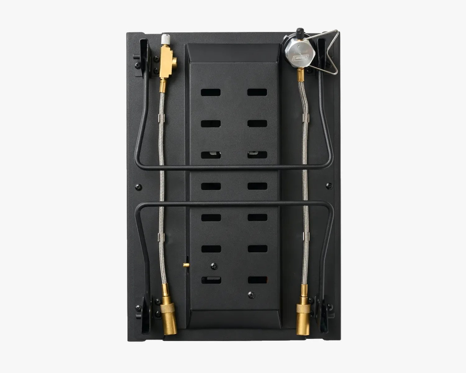 Black metal camping stove burner with brass fittings and flexible braided hoses, viewed from the bottom.