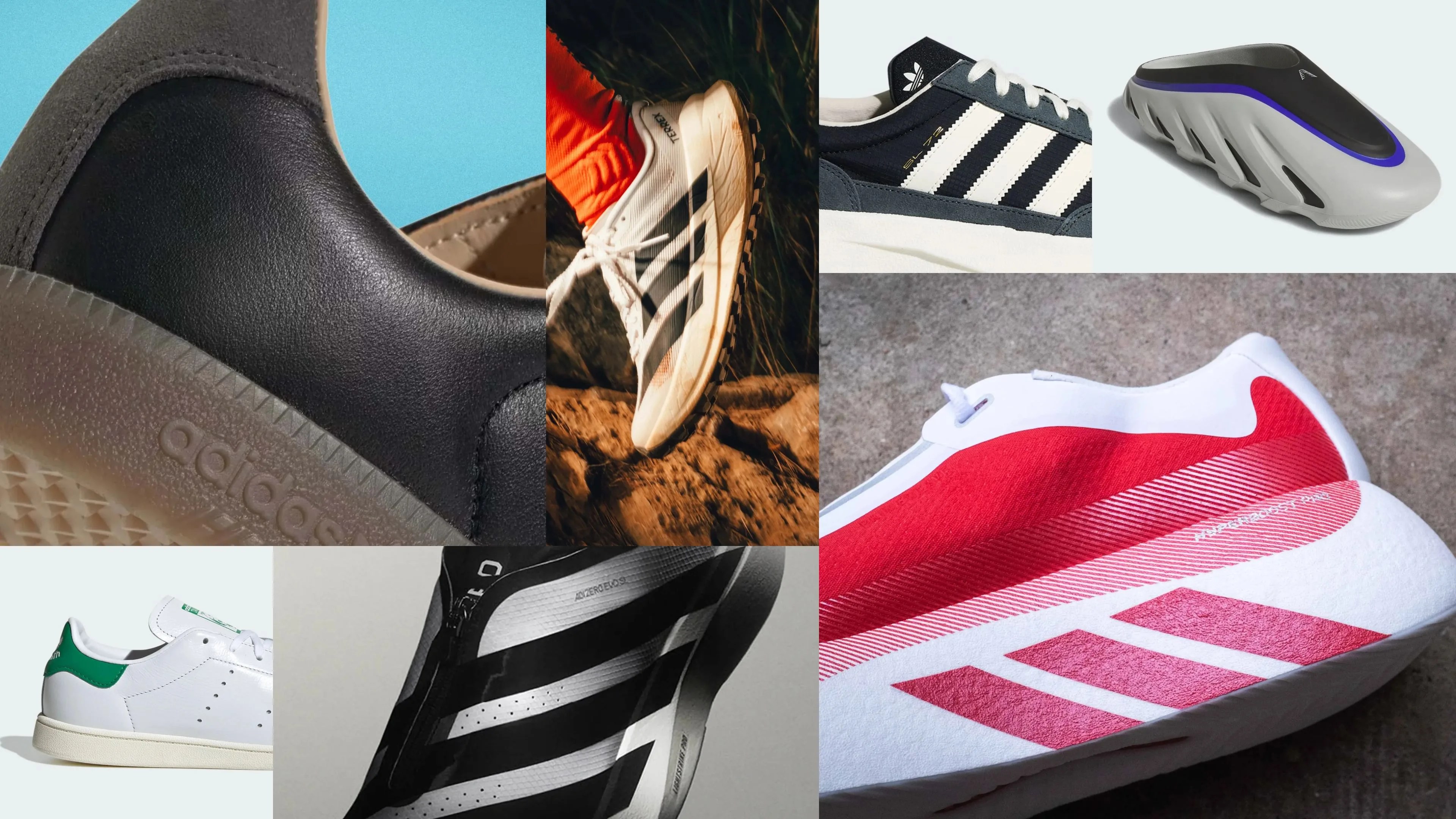 Collage of various Adidas shoes including black leather sneaker, white trail running shoe, navy blue sneaker with white stripes, futuristic gray sneaker, white sneaker with green heel, black and white running shoe, and white shoe with red stripes.