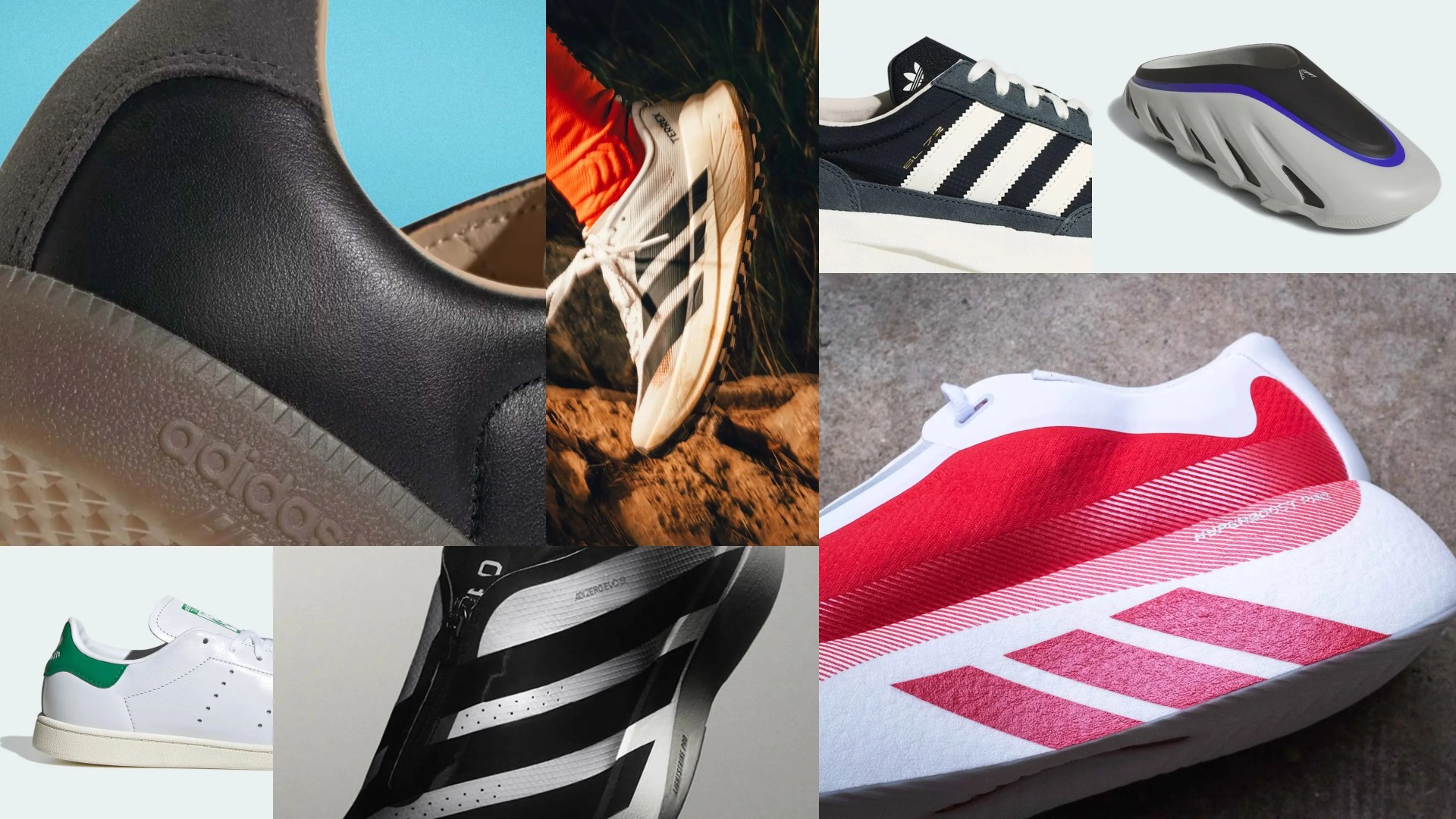 Collage of various Adidas shoes including black leather sneaker, white trail running shoe, navy blue sneaker with white stripes, futuristic gray sneaker, white sneaker with green heel, black and white running shoe, and white shoe with red stripes.