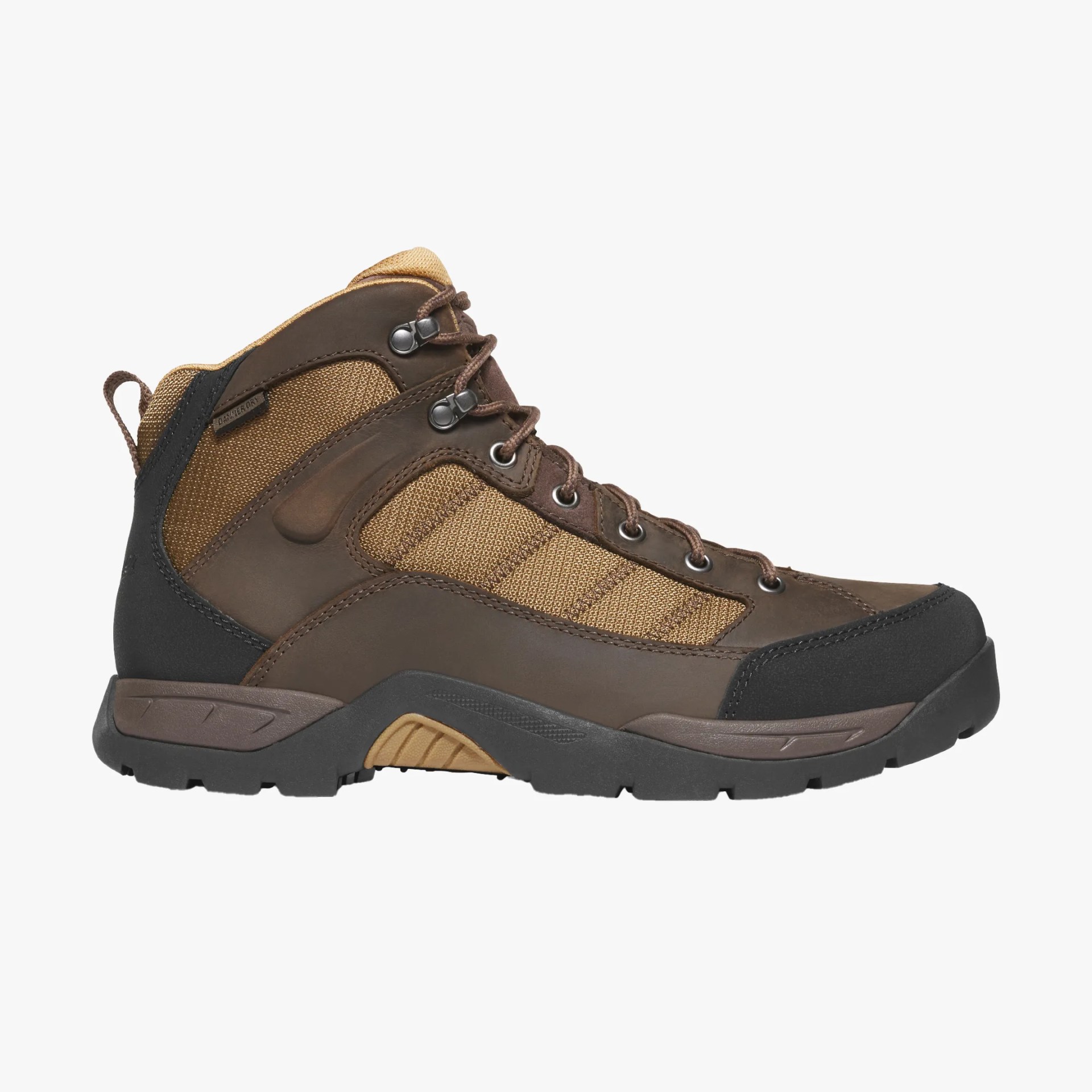 Brown and tan hiking boot with black rubber sole and metal eyelets for laces.