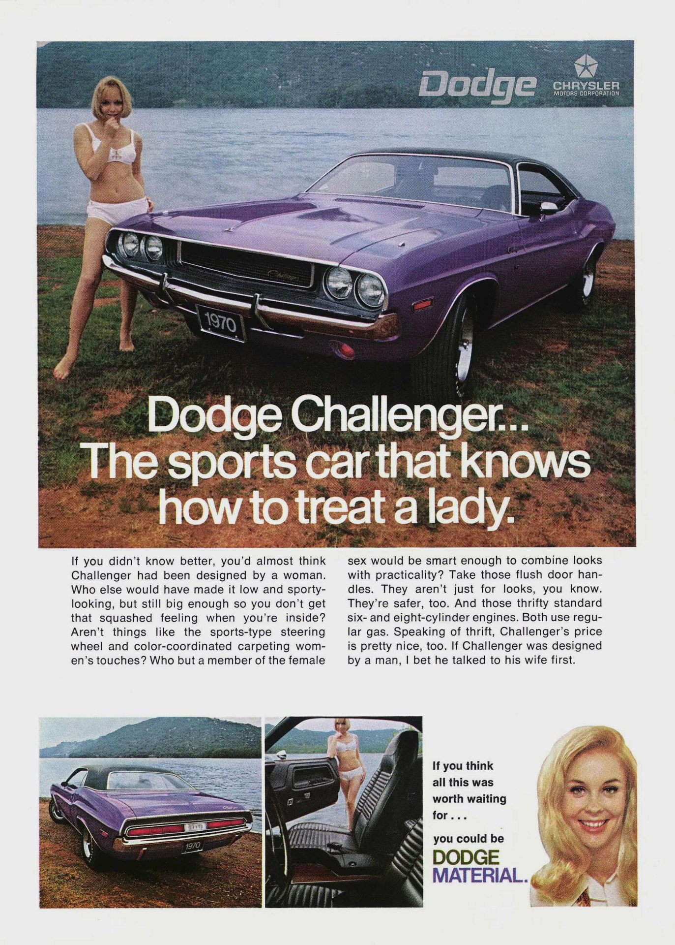 1970 purple Dodge Challenger parked on grass near water with a woman in white bikini standing beside it.