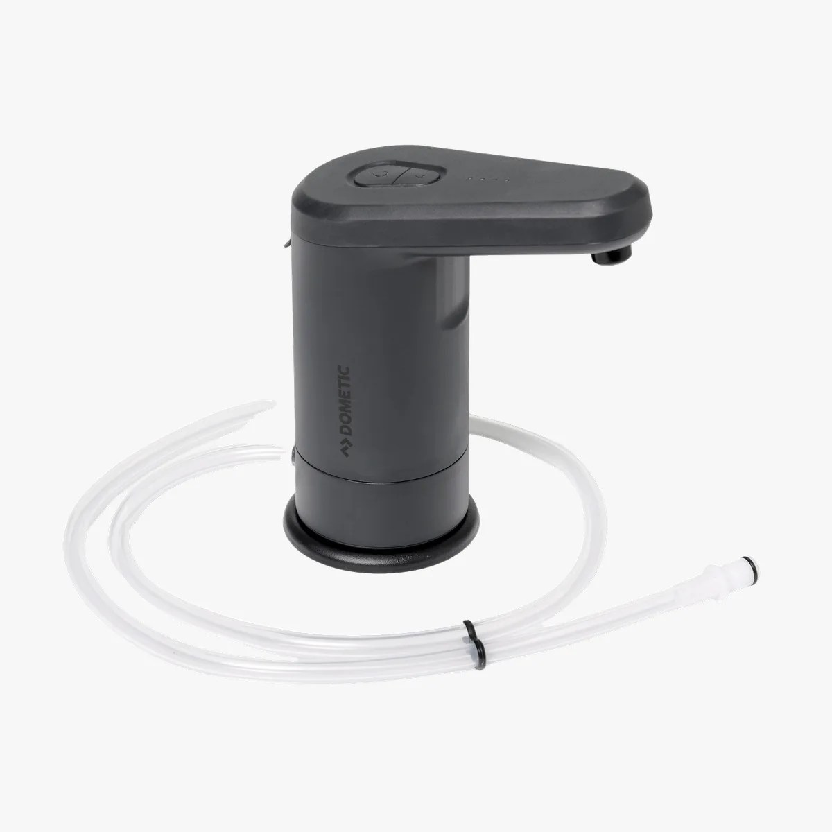 Black electric water dispenser pump with a clear flexible tube attached, branded "Dometic.