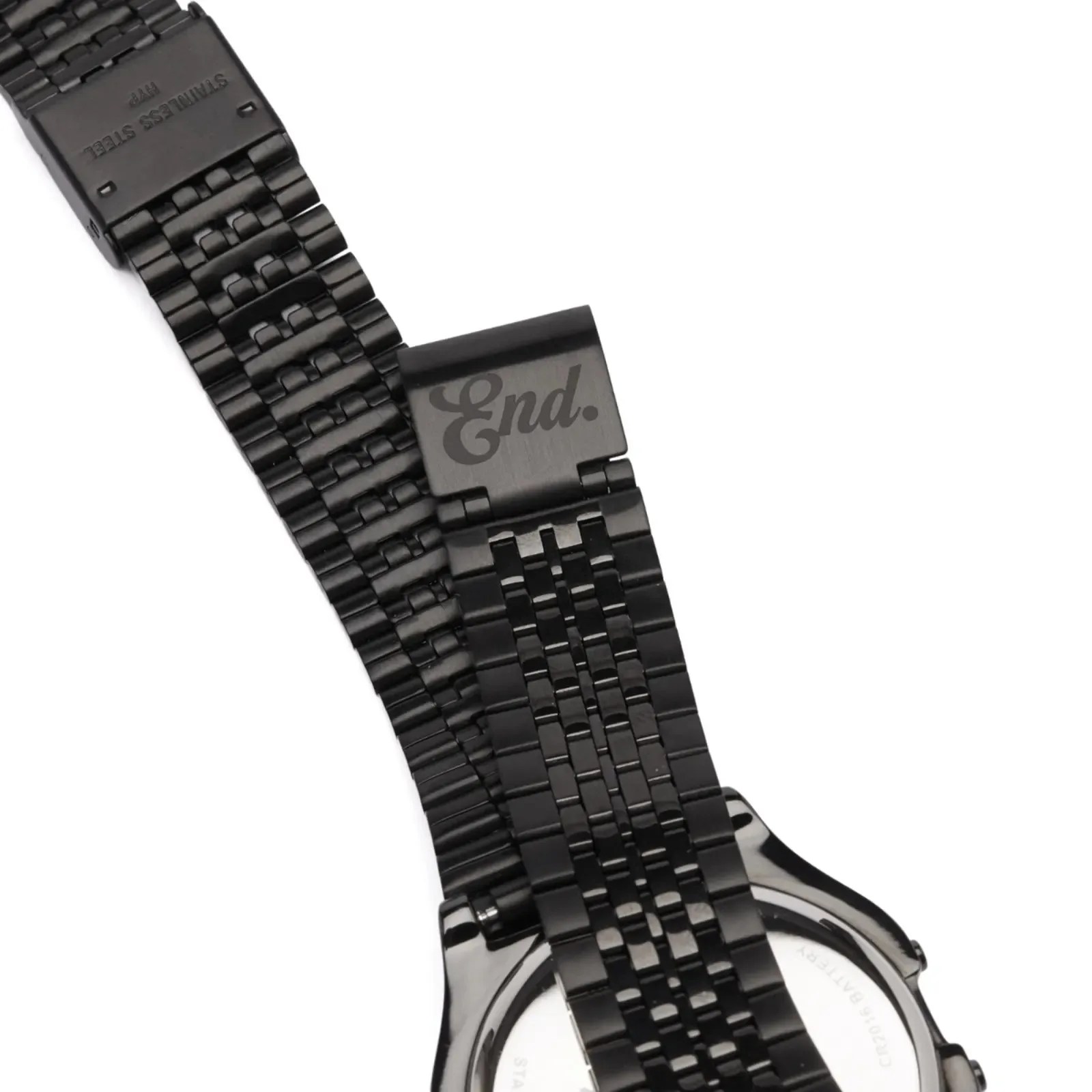 Black stainless steel watch band with a clasp engraved with the word "End.