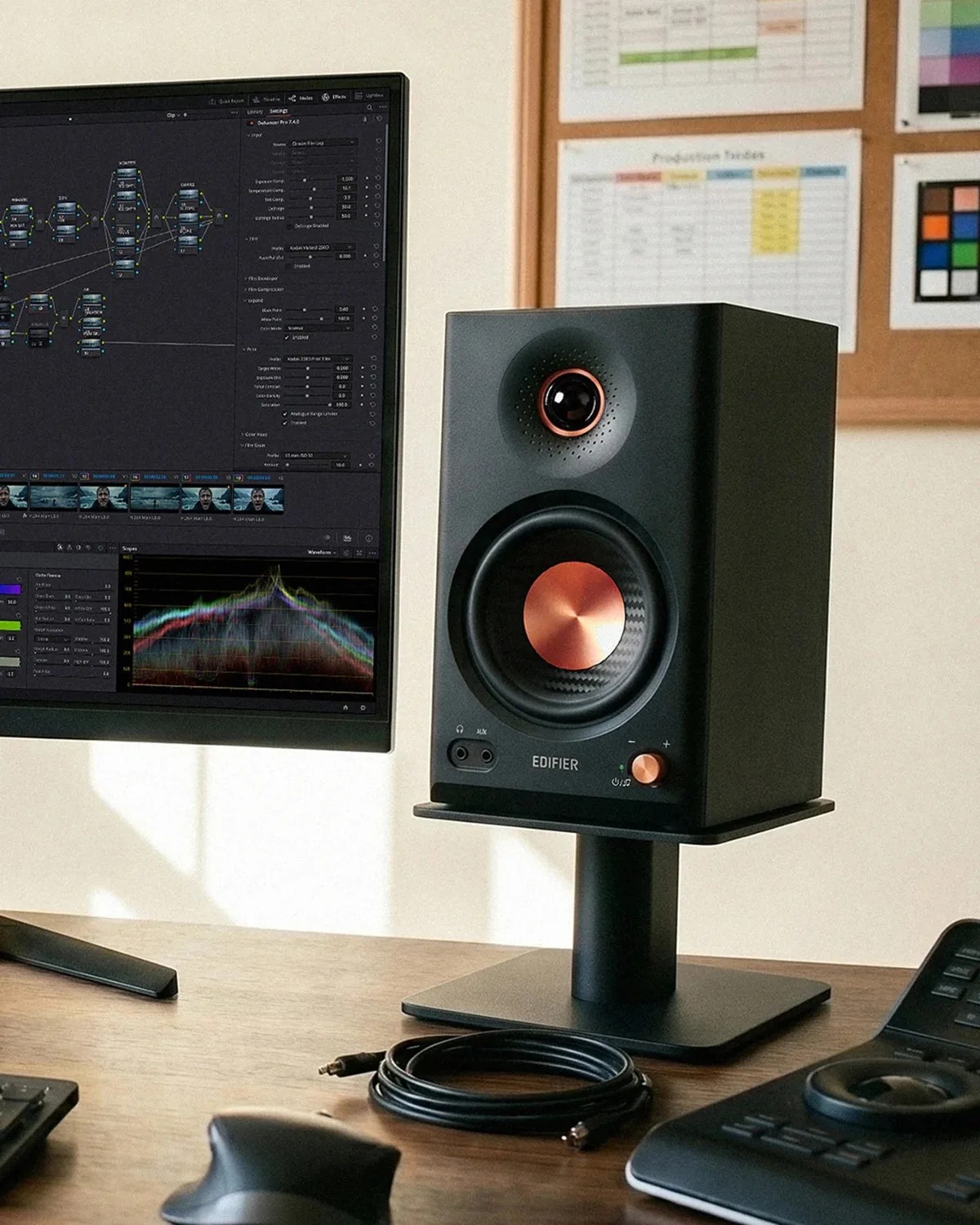 Black Edifier speaker with copper accents on a black stand next to a computer monitor on a wooden desk.