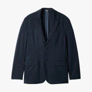 Navy blue blazer with notch lapels, two front flap pockets, and two buttons down the front.