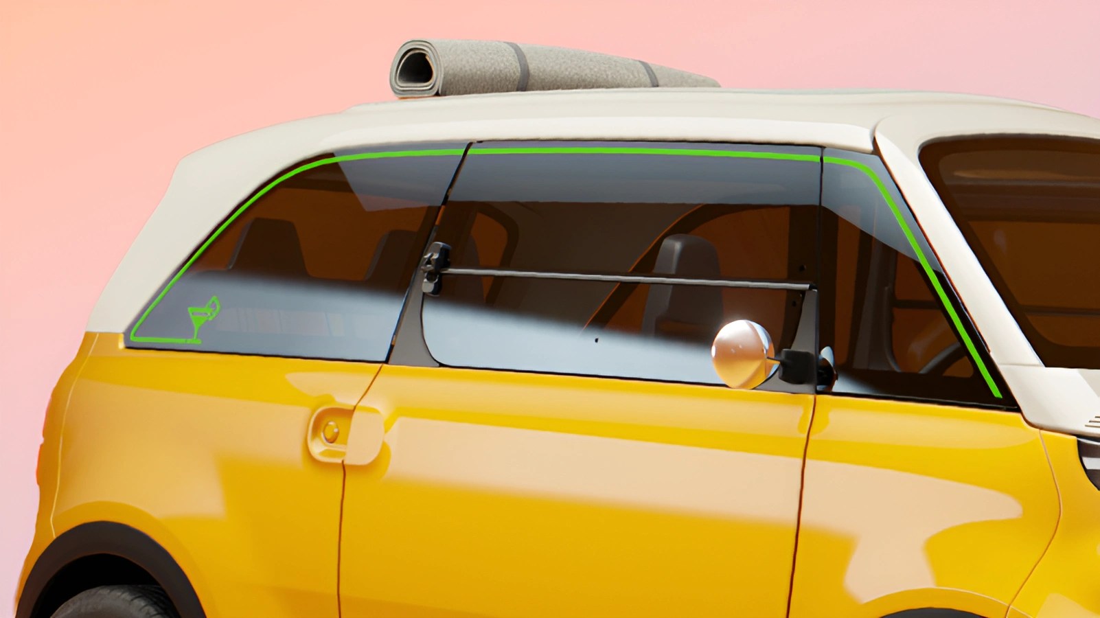 Yellow compact car with white roof and rolled-up mat on top, showing side windows and door.
