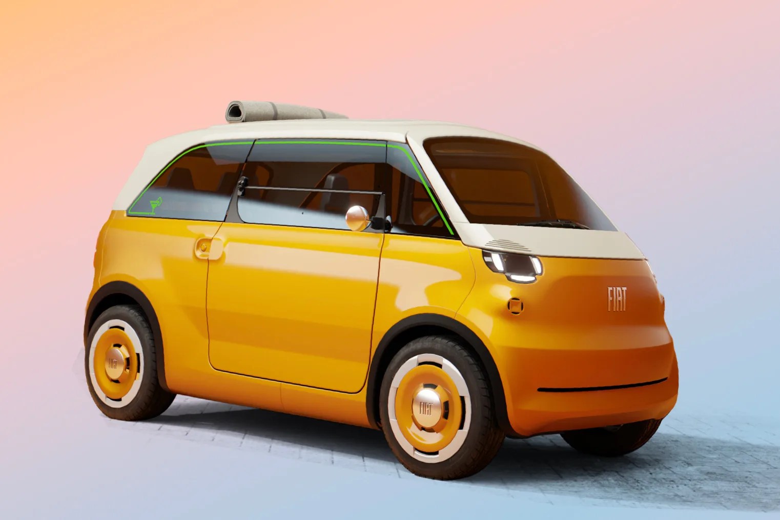 Compact yellow and white Fiat electric car with retro design and rolled mat on the roof.