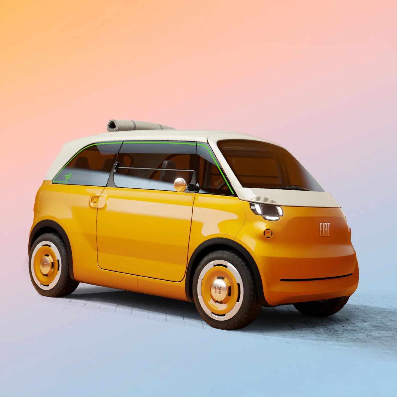 Compact yellow and white Fiat electric car with a rolled mat on the roof against a gradient background.