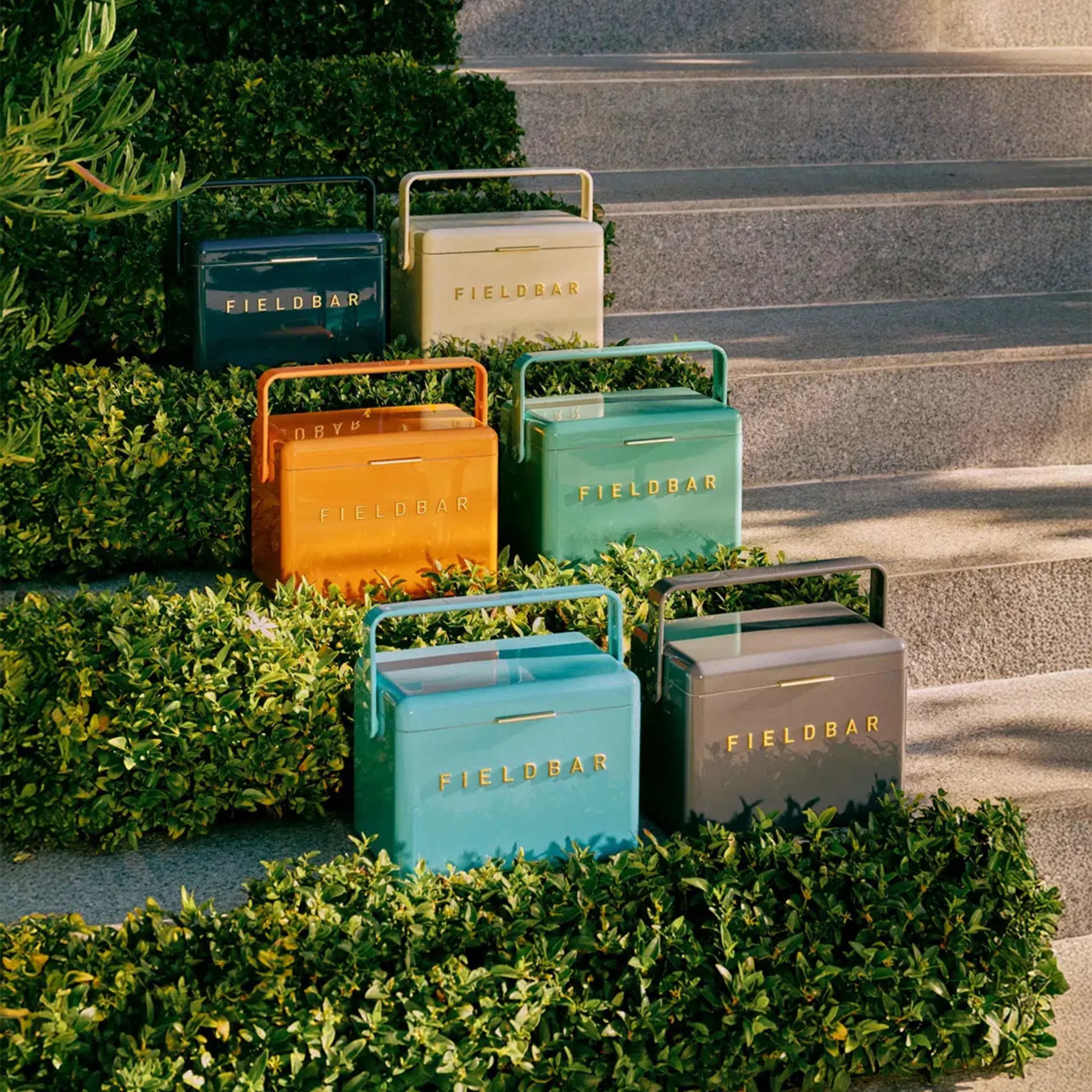 Six colorful rectangular coolers with handles and "FIELDBAR" branding, arranged on green bushes beside stone steps.