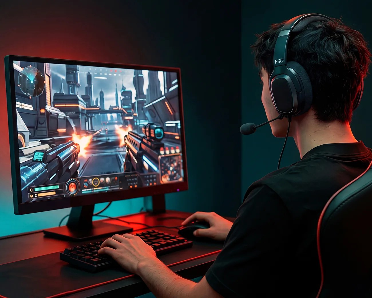 Person wearing black FiiO headset playing a first-person shooter game on a widescreen monitor with keyboard and mouse.