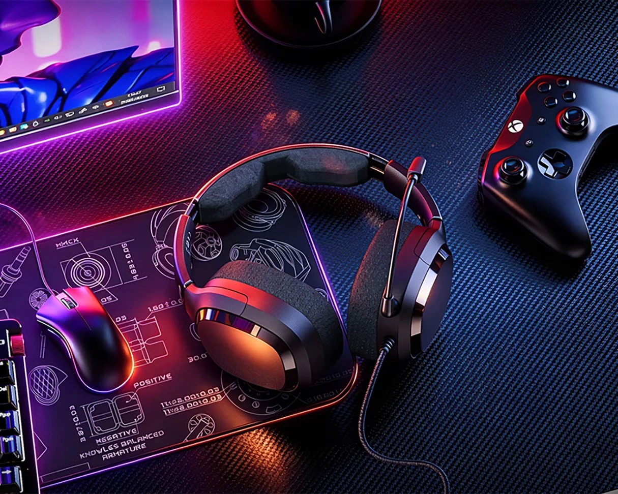 Black gaming headset with a microphone resting on a dark textured surface near a black gaming mouse and Xbox controller.
