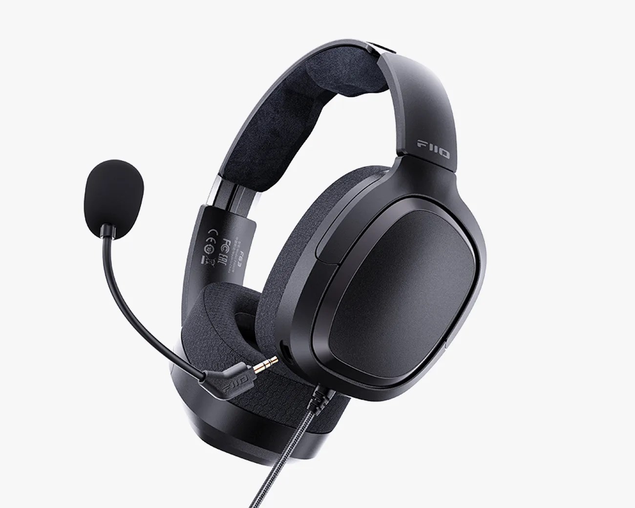 Black over-ear gaming headset with padded headband, detachable microphone, and braided cable.