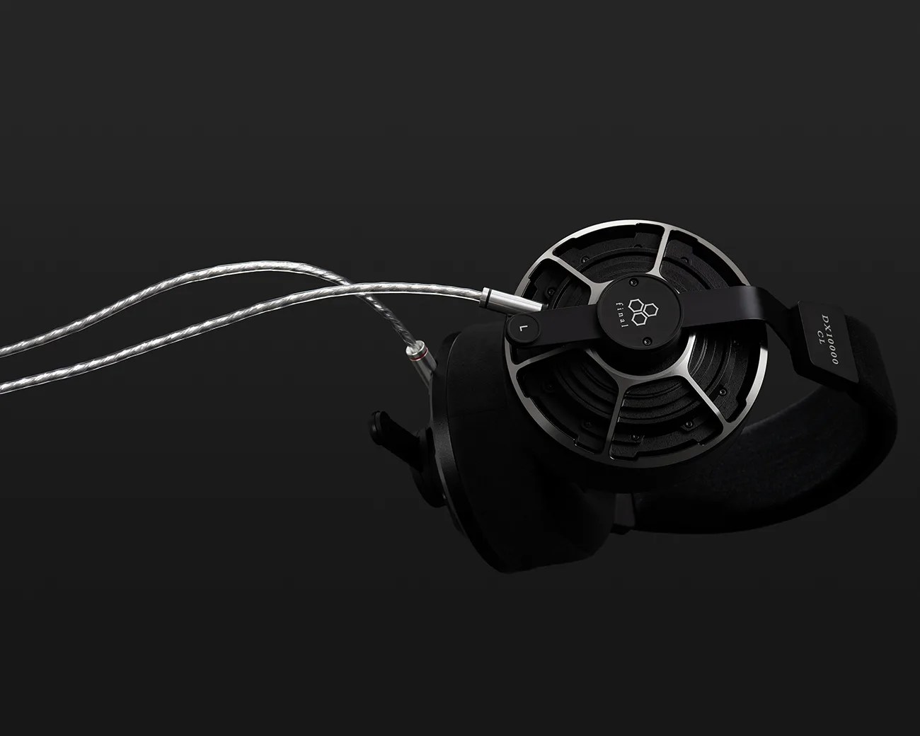 Black and silver open-back headphones with detachable braided silver cable on a dark background.