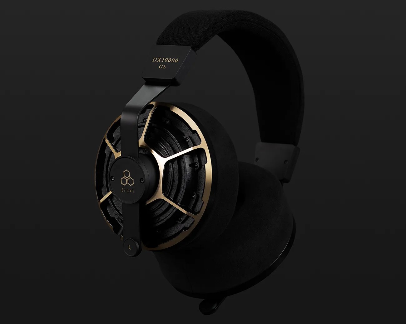 Black and gold open-back over-ear headphones with "DX10000 CL" and "final" branding on the ear cup.