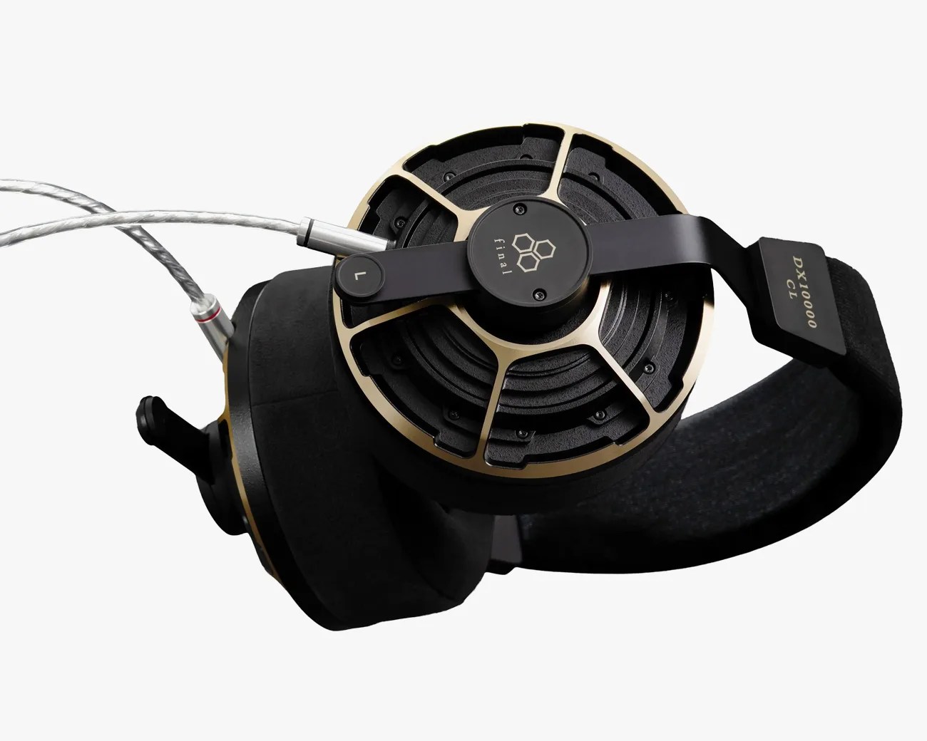 Black and gold open-back headphones with a fabric headband and detachable silver cable.