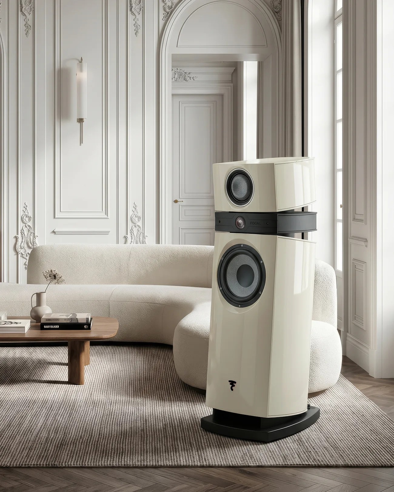 Glossy cream-colored floor-standing speaker with black base in a modern living room with a curved white sofa and wooden coffee table.