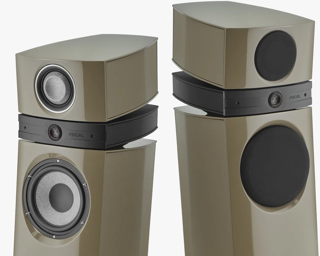 Pair of glossy taupe Focal floor-standing speakers with multiple drivers and black accents.