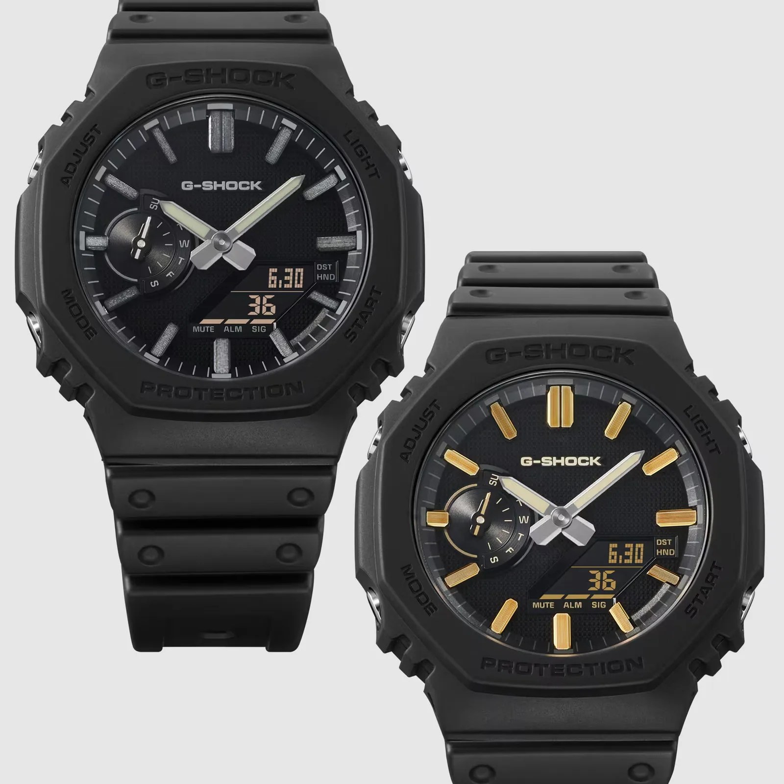 Two black G-Shock watches with octagonal bezels, one with silver markers and the other with gold markers, both showing analog and digital displays.