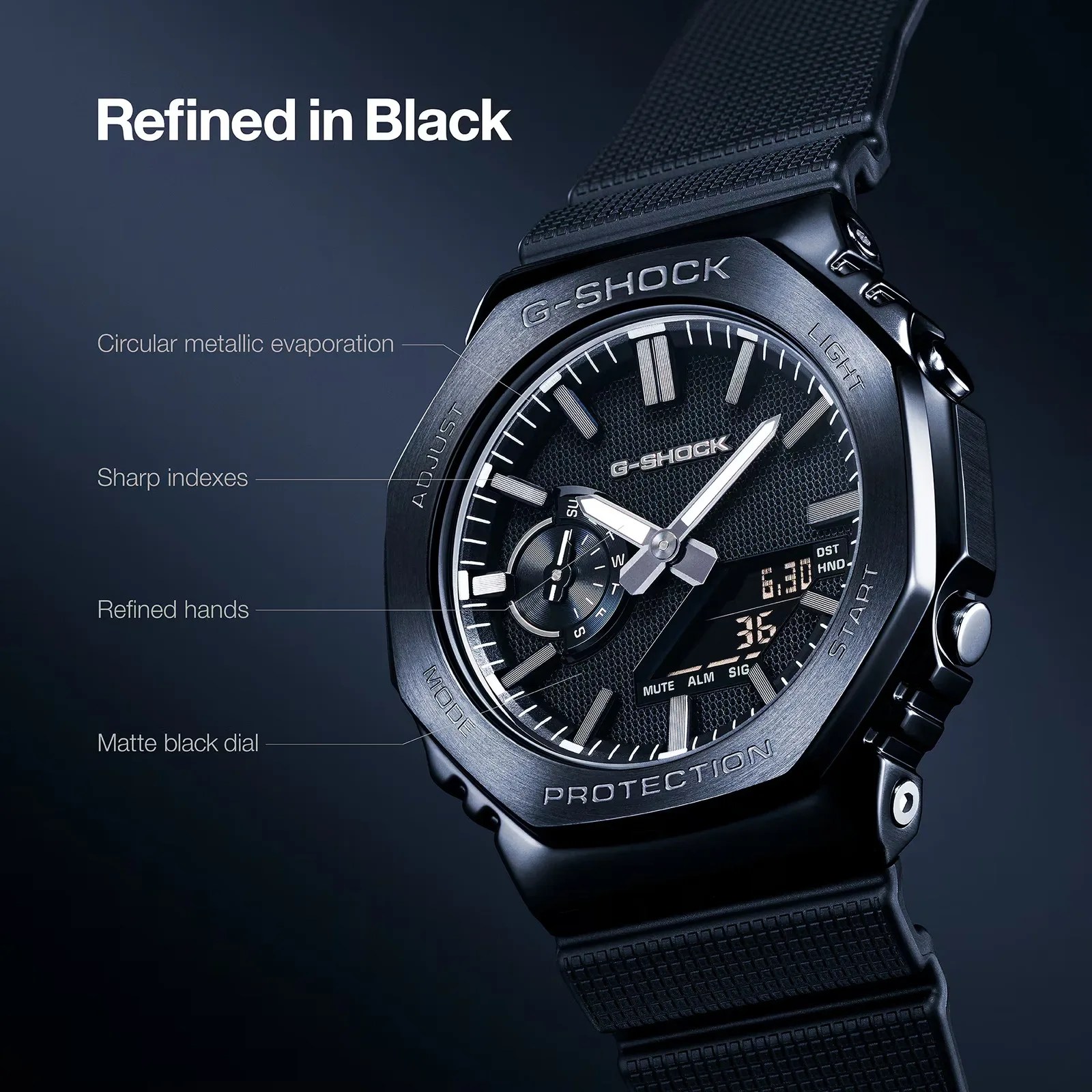 Black G-Shock watch with circular metallic bezel, sharp indexes, refined hands, and matte black dial on a textured black strap.