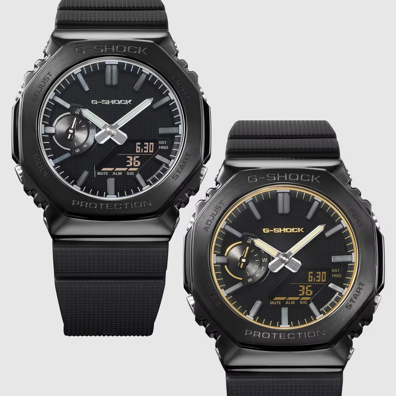 Two black G-Shock watches with octagonal bezels, analog-digital displays, and textured black resin bands, one with silver accents and the other with gold accents.