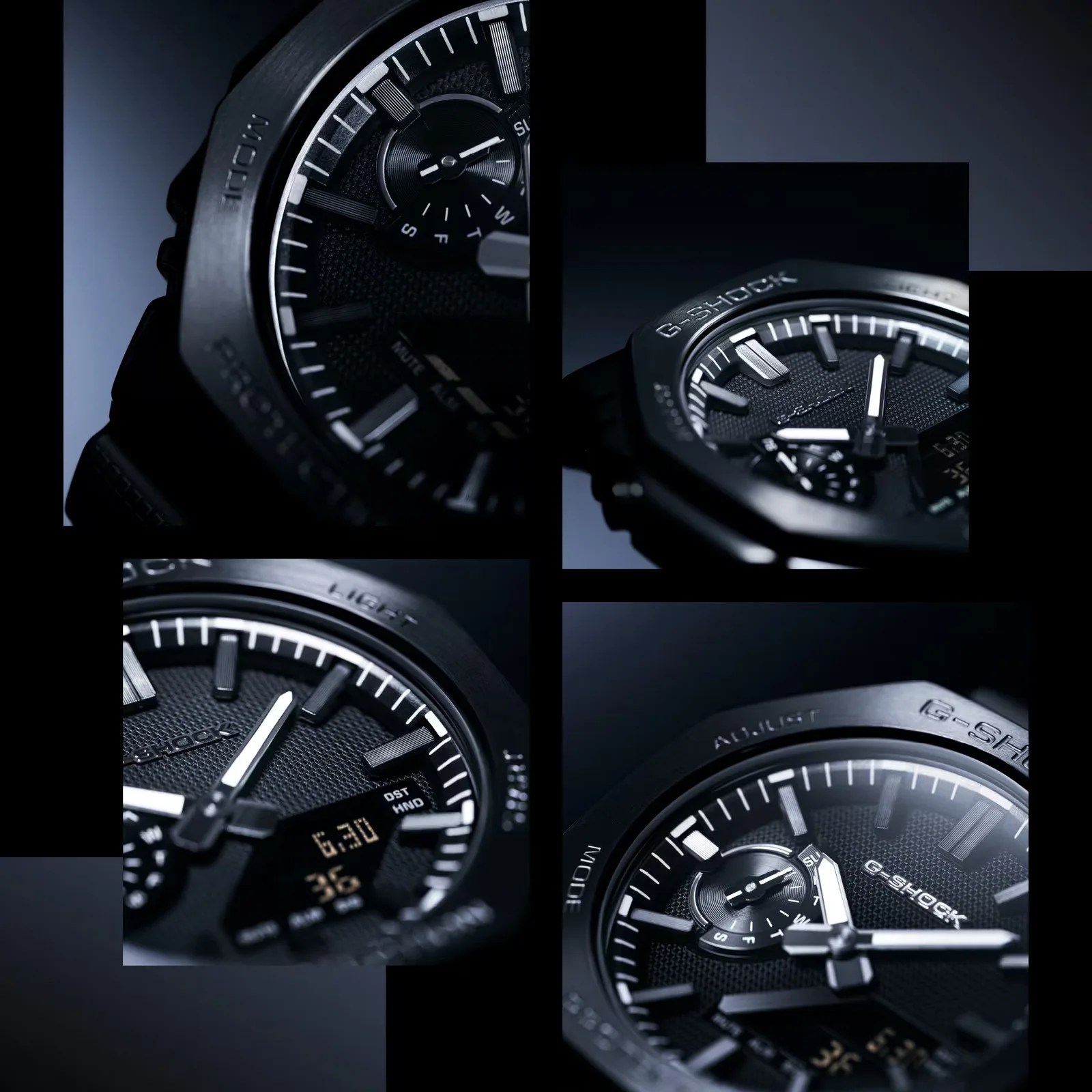 Close-up collage of a black G-Shock watch face showing textured dial, white hour markers, and digital display.
