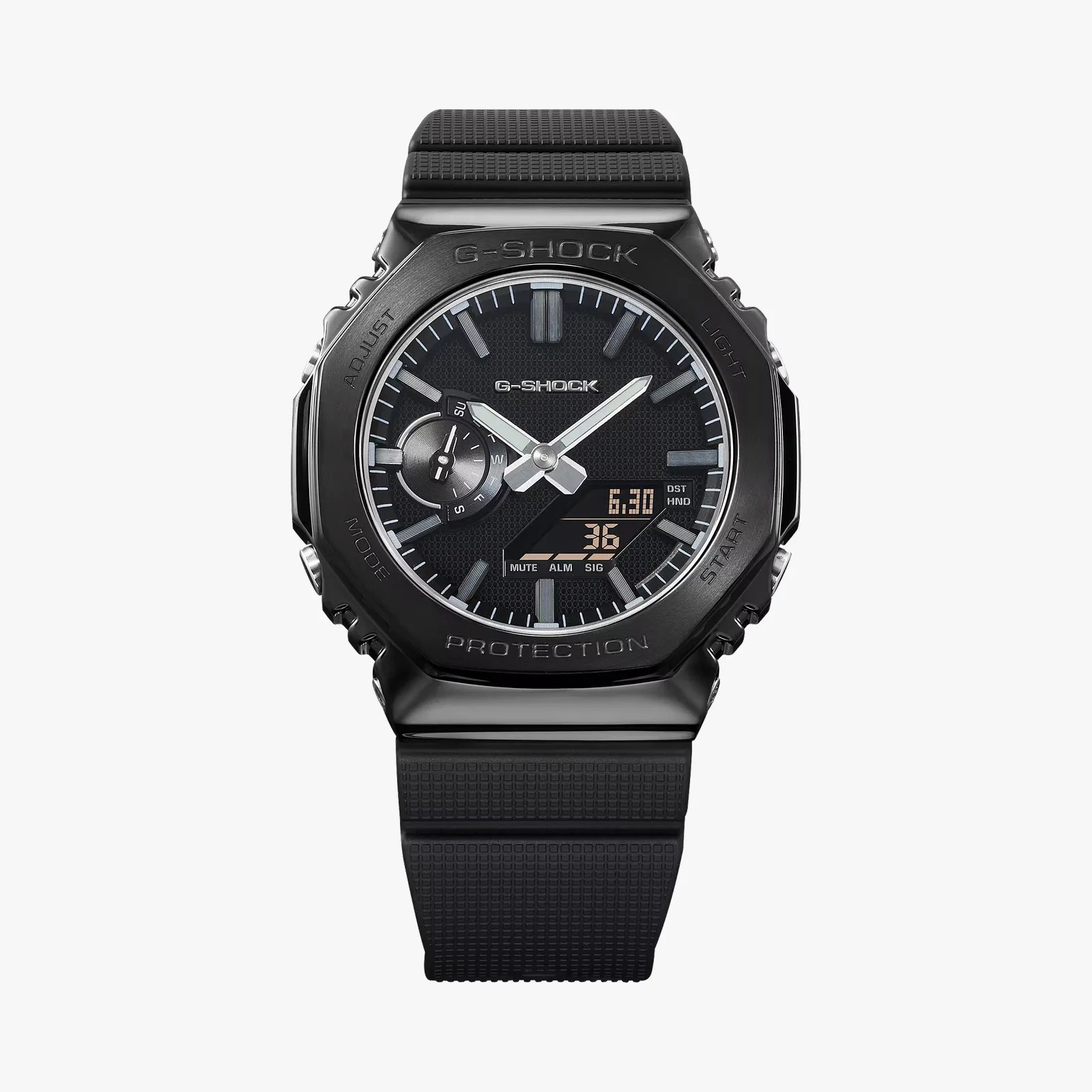 Black G-Shock watch with octagonal bezel, analog-digital display, and textured black resin strap.