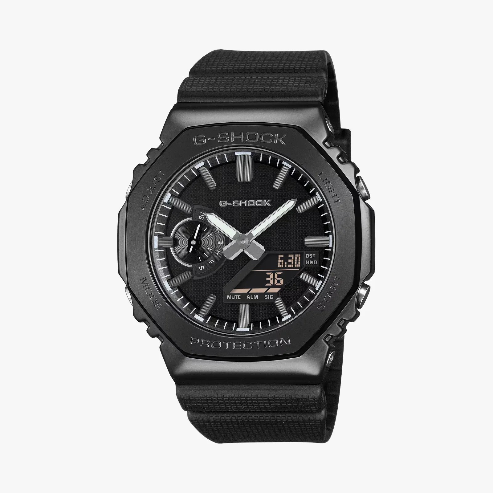 Black G-Shock watch with octagonal bezel, analog-digital display, and textured black resin band.