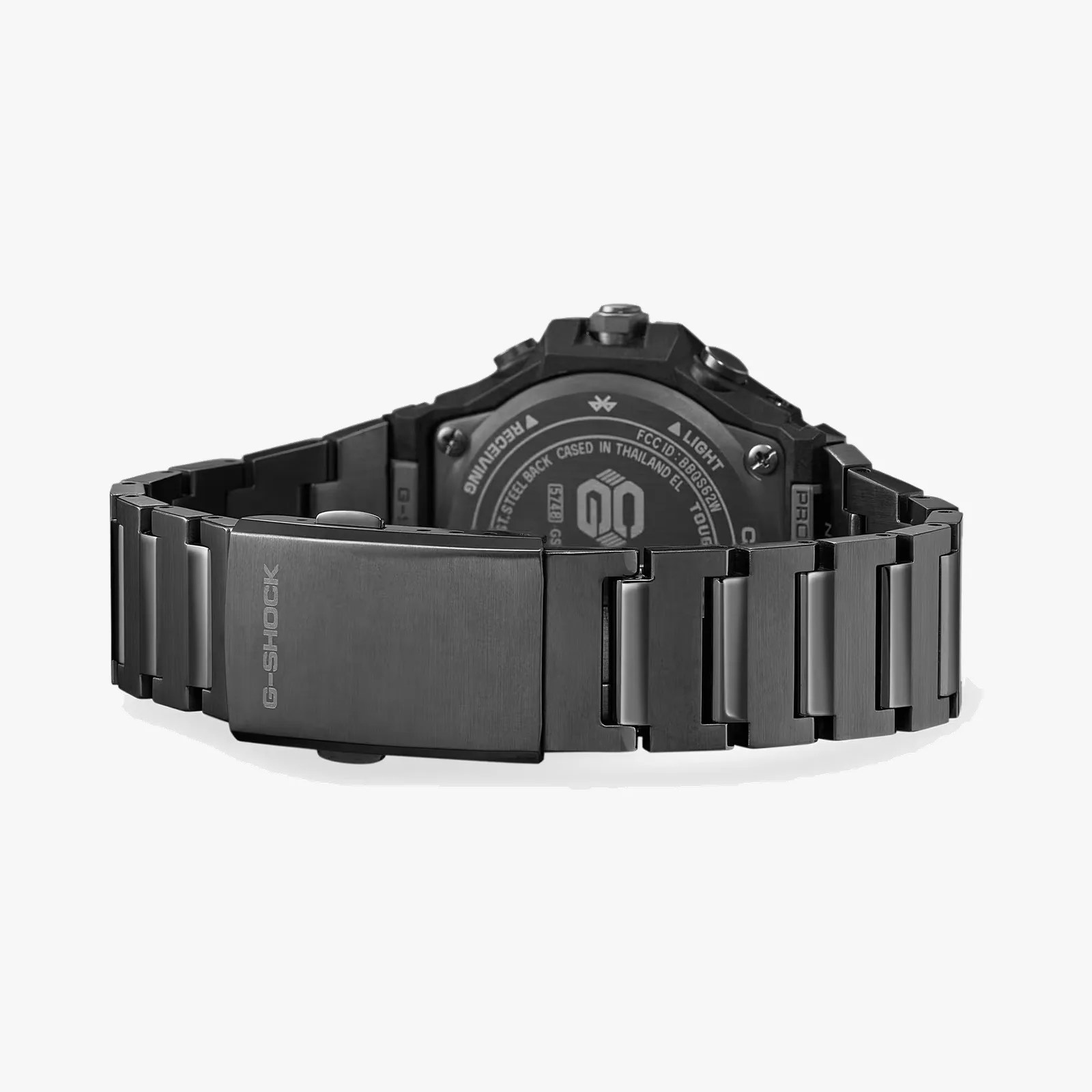 Black metal G-Shock watch band and clasp with visible watch backplate.