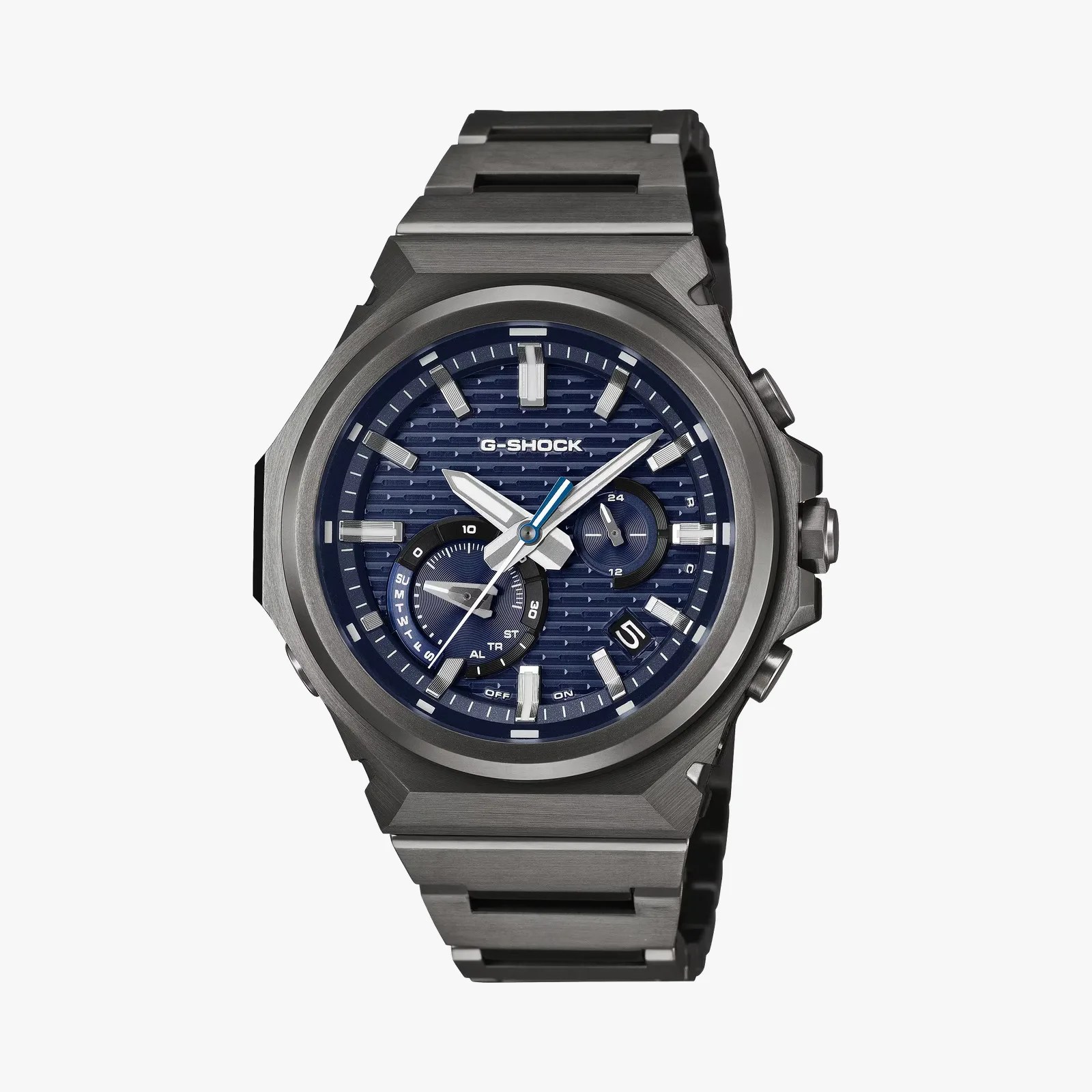 Gunmetal gray G-Shock watch with a blue textured dial, silver hour markers, and metal link bracelet.