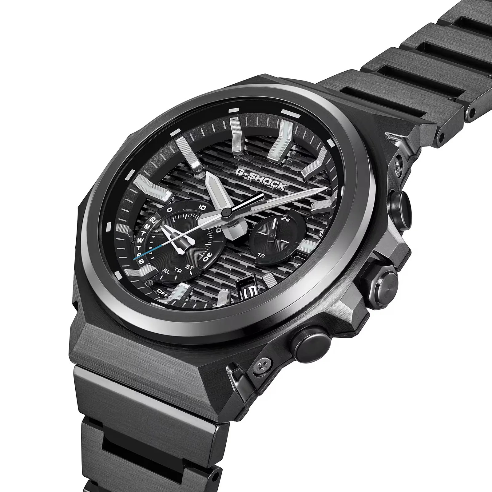 Black G-Shock watch with textured dial, silver hour markers, subdials, and metal link bracelet.