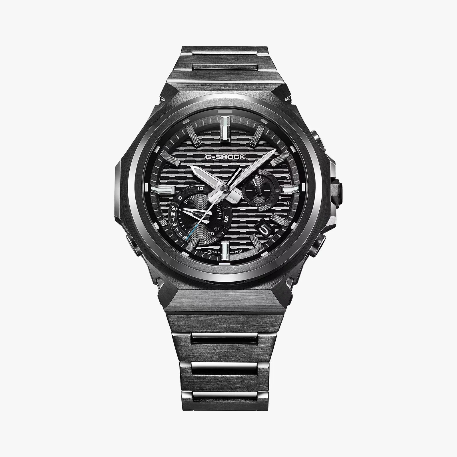 Black and silver G-Shock wristwatch with metal band and textured dial featuring multiple subdials and date display.