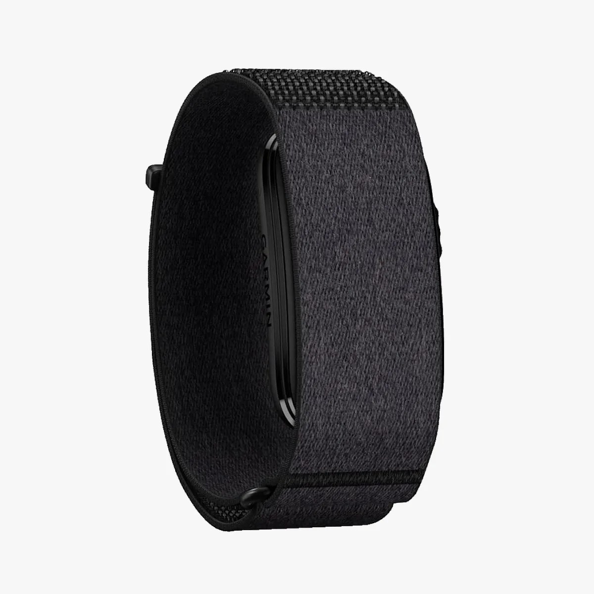 Black fabric fitness tracker wristband with a slim rectangular sensor module inside.