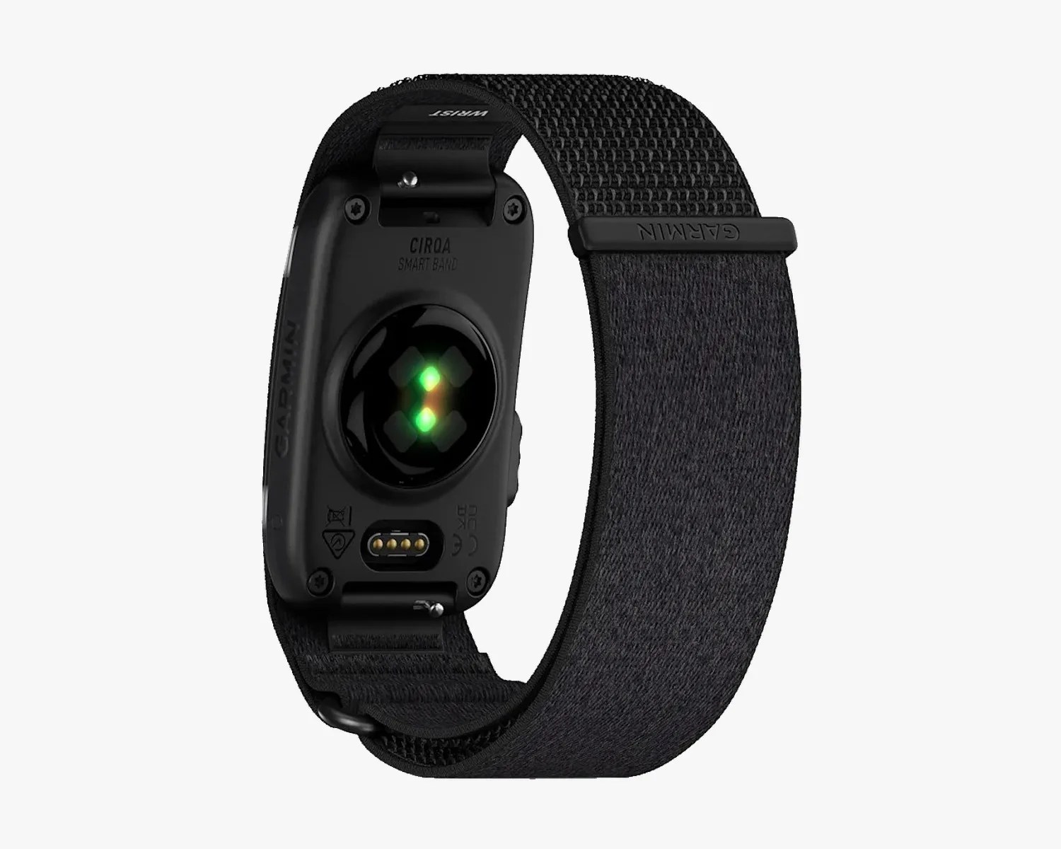 Black Garmin smartwatch with fabric strap showing the back sensors and charging port.