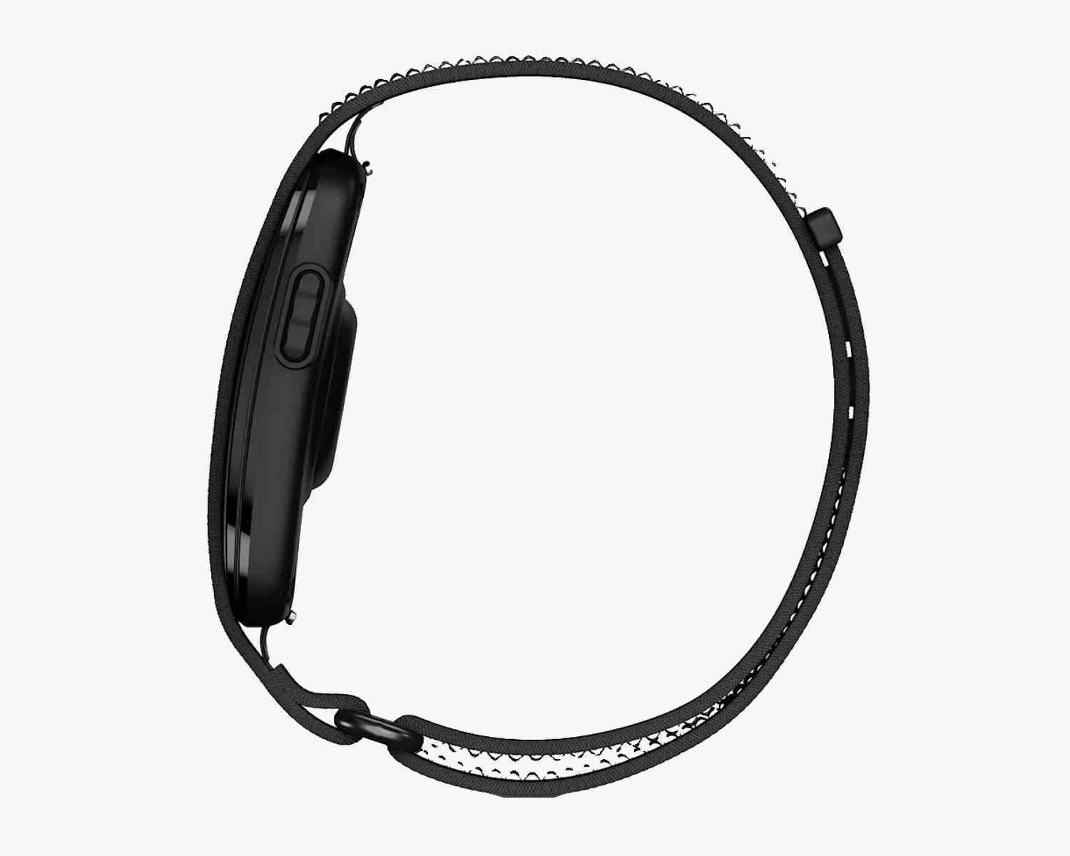 Side view of a black smartwatch with a woven nylon loop band.